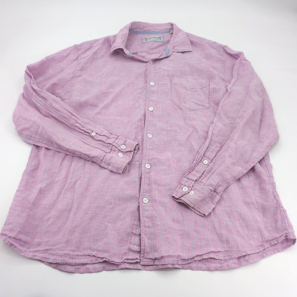 32 Bar Blues Men's XXL Long Sleeve 100% Linen Striped Shirt Pink Blue Button Up